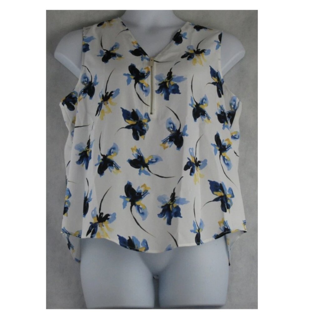 NWT Anne Klein Women's Petite 1/4 Zip V-Neck Sleeveless Top, White Floral, PXL